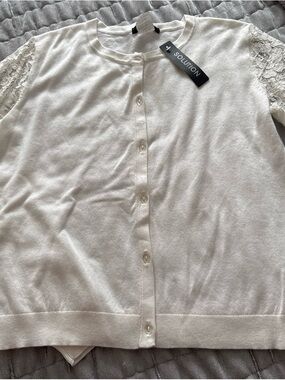 Solution White Lace-Sleeve Button-Front Cardigan - Women